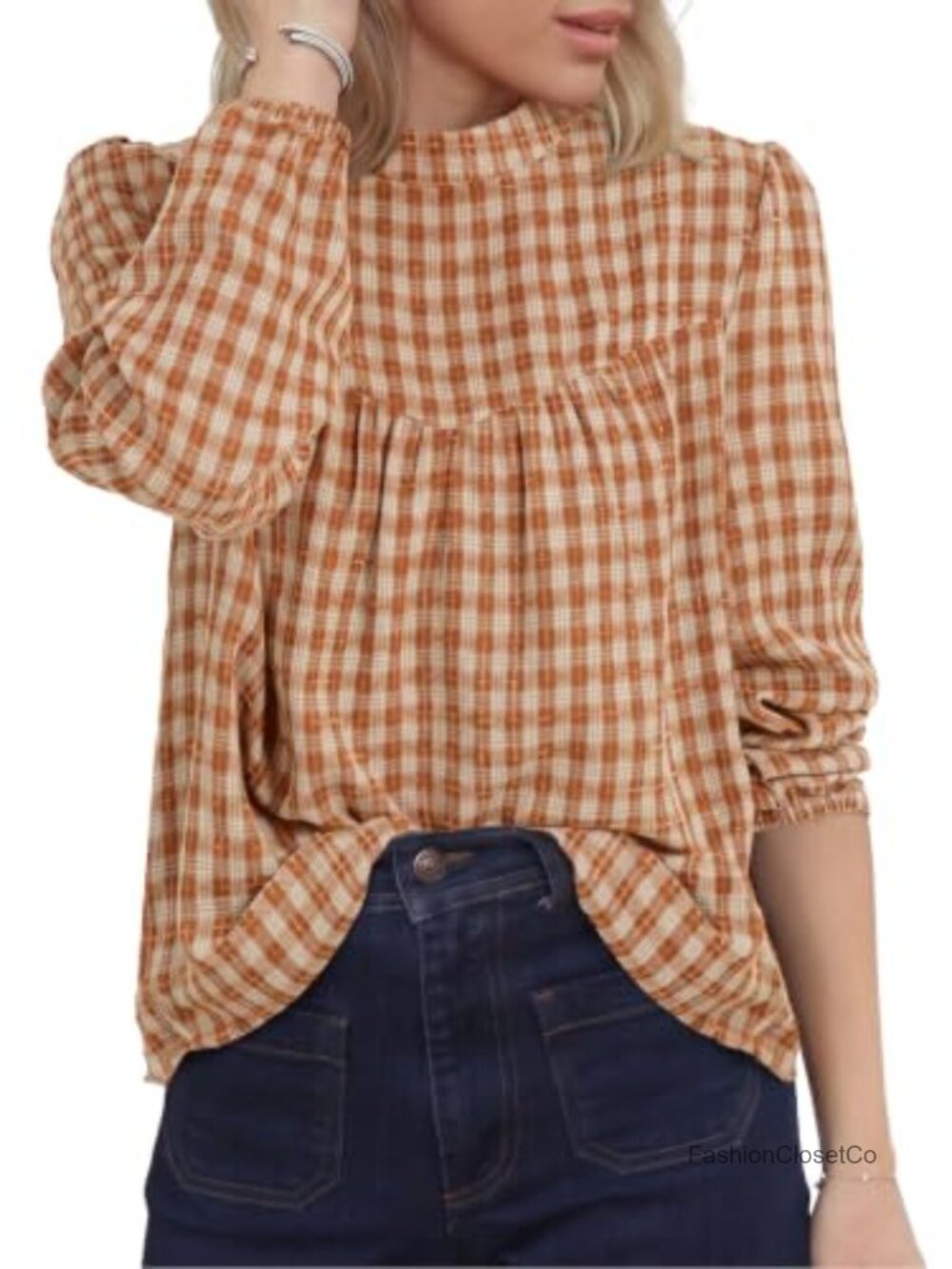 Puff Long Sleeve Flowy Empire Waist Gingham Babydoll Blouse